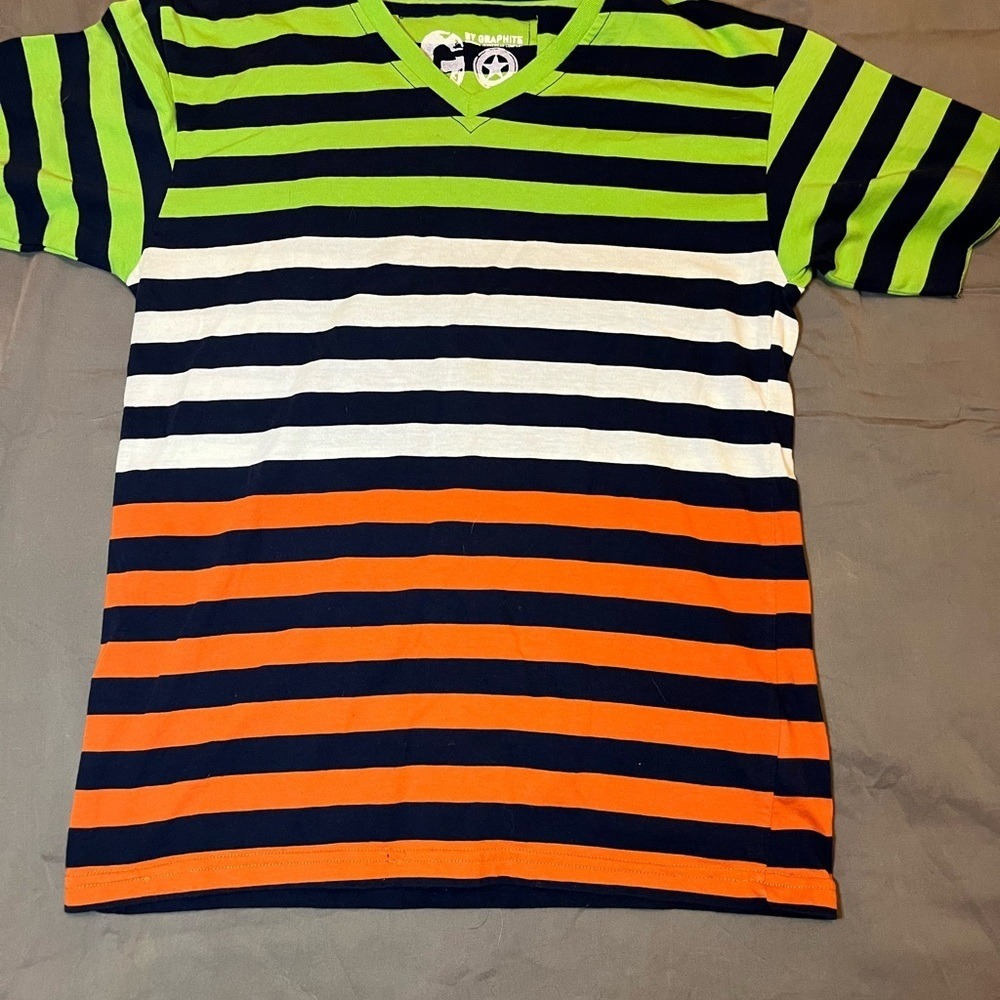 GO by Graphite Boys Large 14/16 V-Neck Striped T-Shirt Green Orange Navy White - Picture 3 of 6